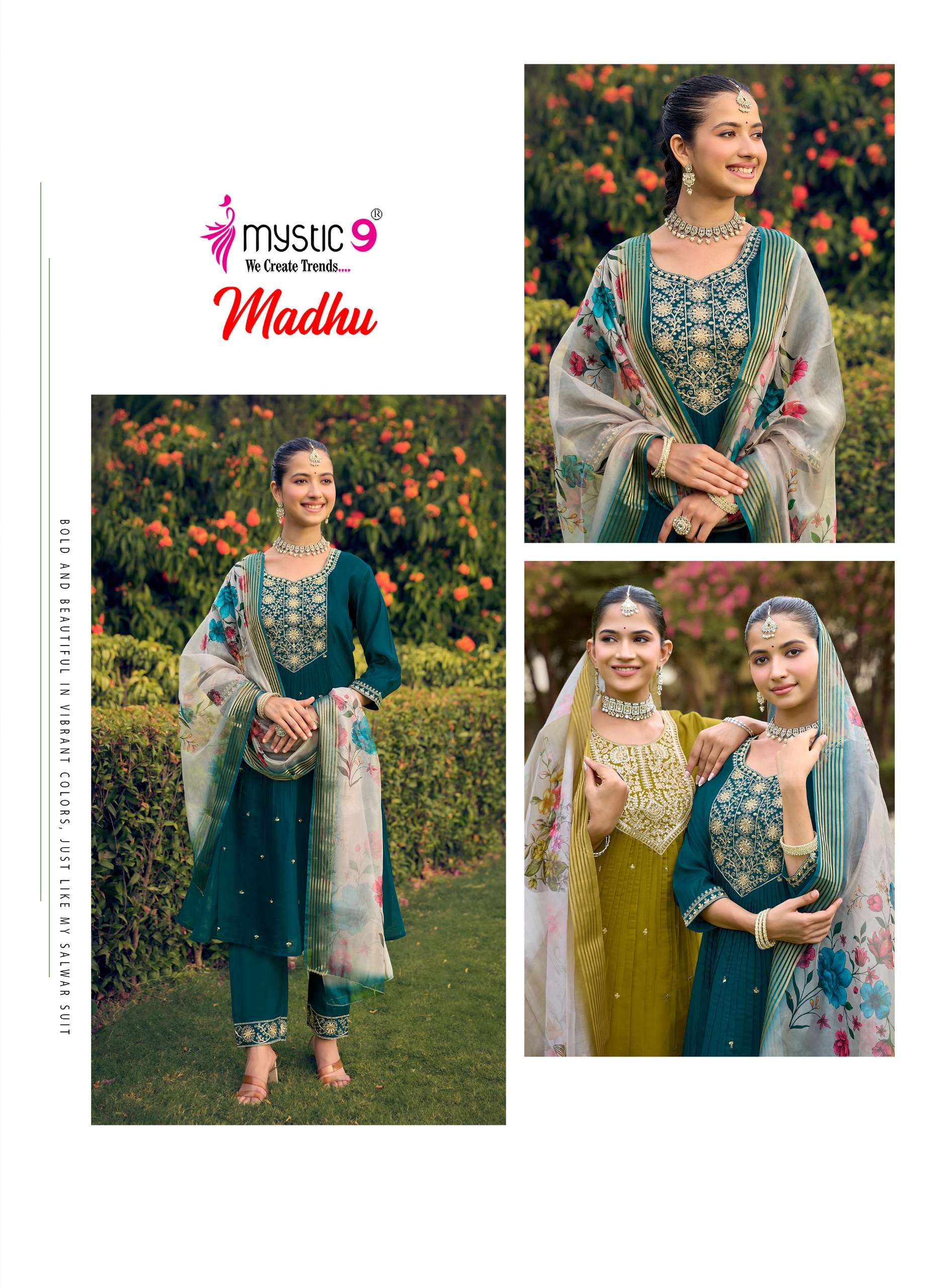 MYSTIC 9 MADHU VOL 1 CHANDERI DYED FLARED CUT CATALOGUE RUND KURTI PANT SUIT TEENAGE BUY